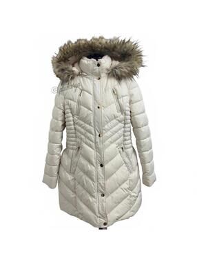 Preston & York Womens White Quilted Puffer Coat Detachable Faux Fur Hood Size XL